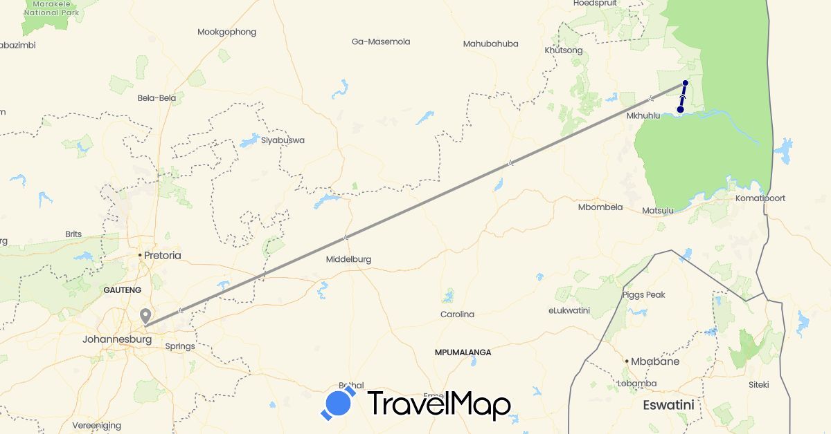 TravelMap itinerary: driving, plane in South Africa (Africa)
